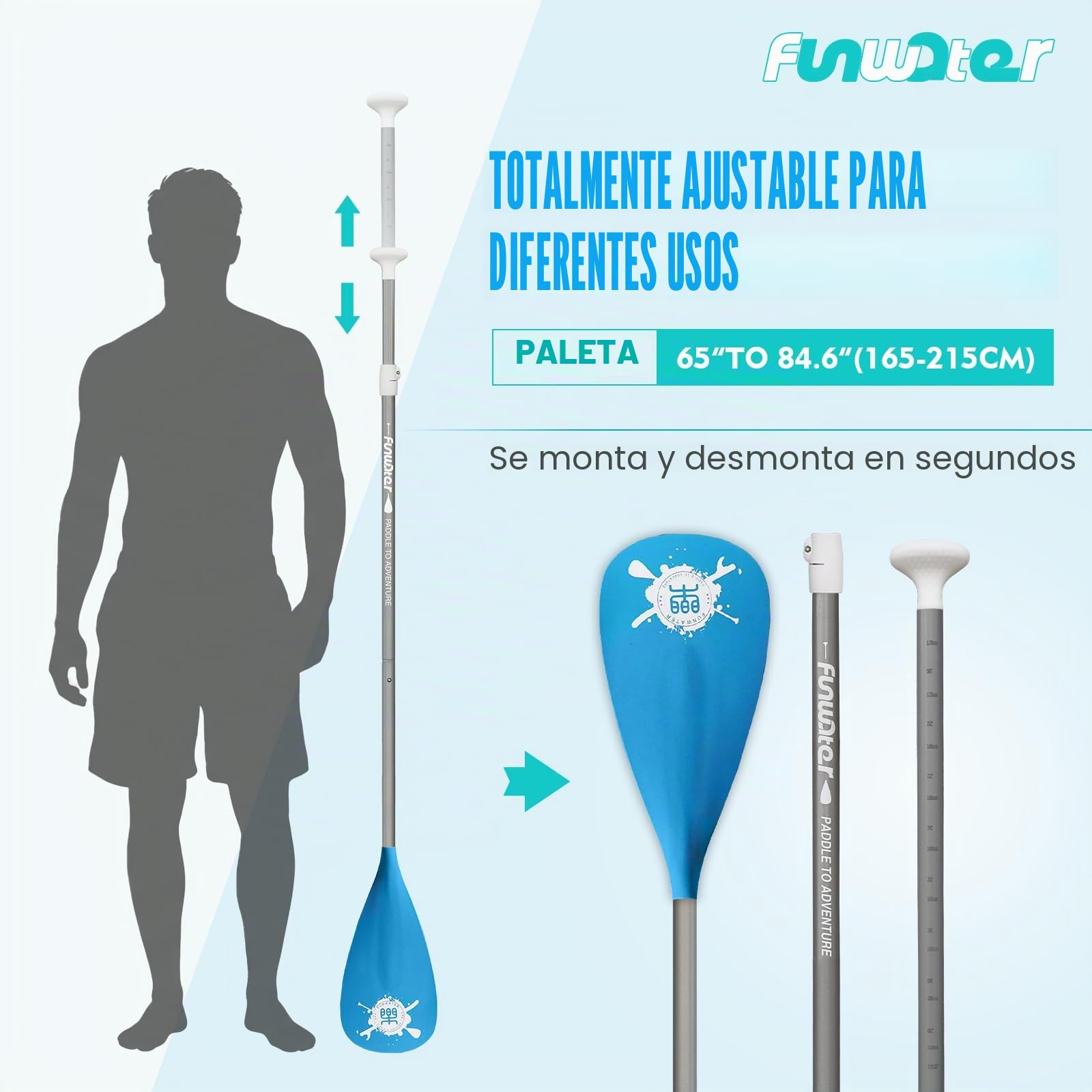 FunWater Sup Paddle – Remo de Tabla de Paddle Ligero y Flotante – Duradero y Plegable, Hojas de Nylon reforzadas – Golpe eficiente
