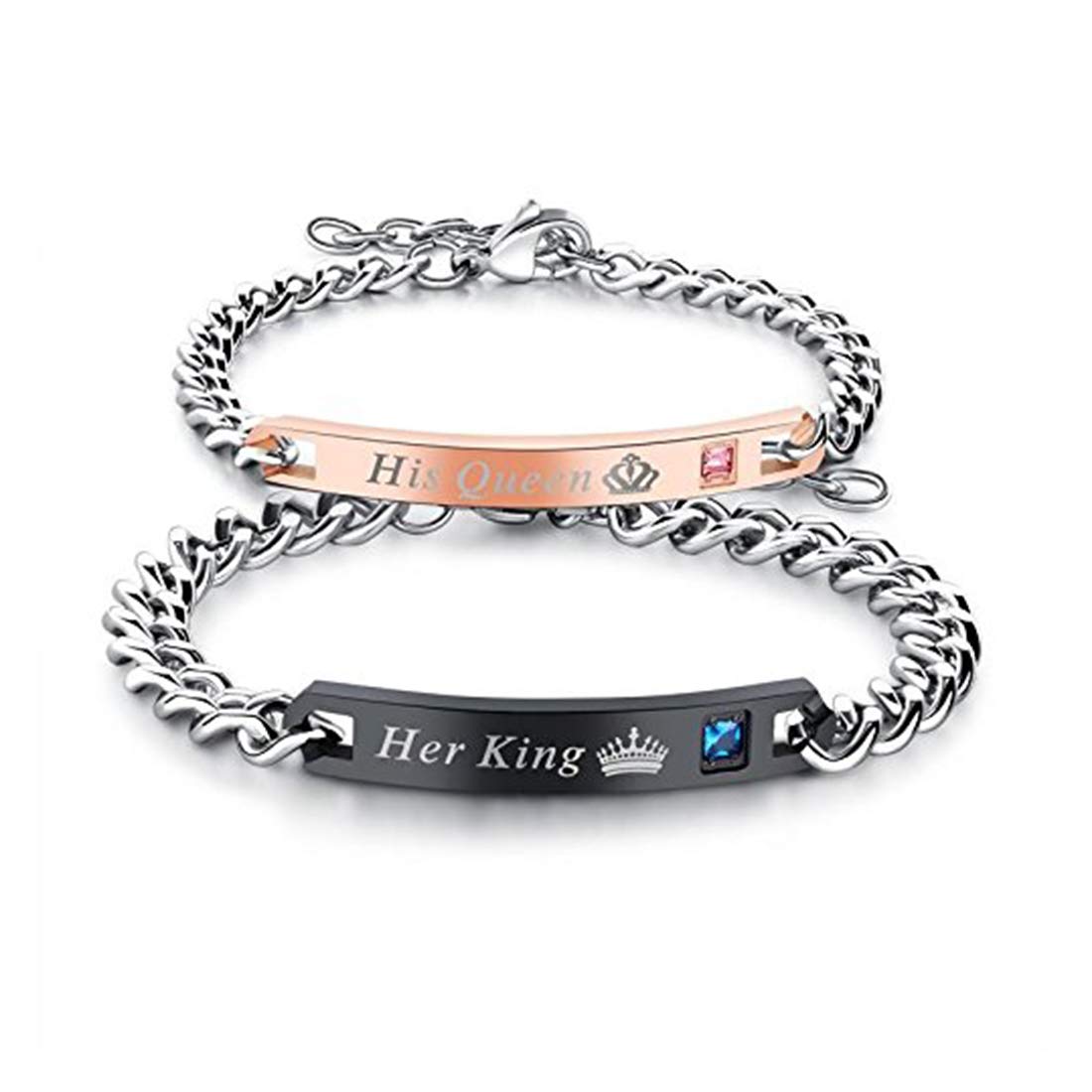 PEORATitanium Stainless Steel Couple Bracelet Set with Theme of His Queen Her King Valentine's Day Gift for Men & Women