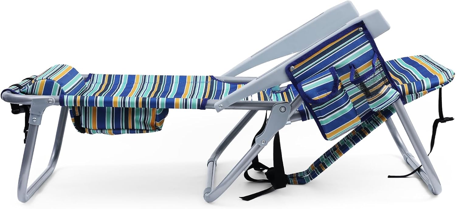 Backpack Beach Chair for Adults, Folding Beach Chair with 4 Positions, Heavy Duty Chair with Large Cooler Pouch Support to 350LBS (Stripes_Blue&Cyan&Yellow) - Image 4