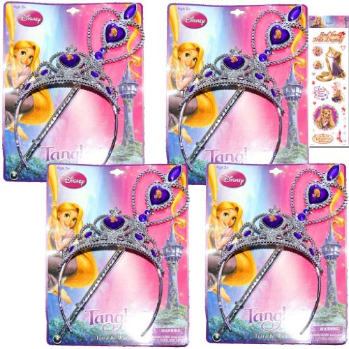 Disney 4-Pack Tangled Princess Rapunzel Tiara and Wand Party Supply Favor Set for Kids - 4 Individually Packed Tangled Tiara and Wand Play Sets for Kids Plus Bonus Pack of Tangled Stickers