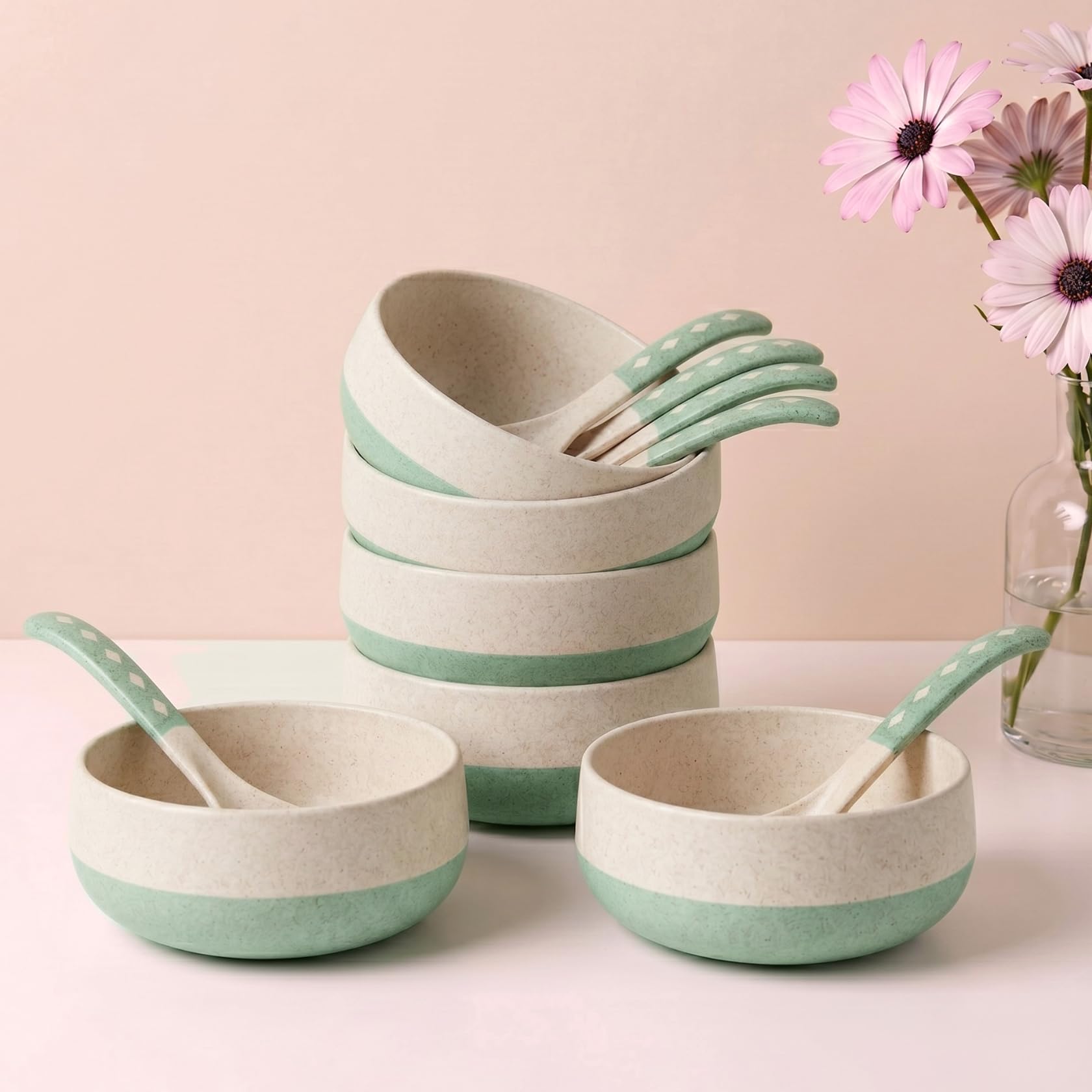 Eha Earth-Friendly Soup Bowls with Spoons Set of 6 | 250 ml | Made with Rice Husk Biocomposite | Microwave Safe Bowl | Serving Bowl Set | Celeste | Green-off white