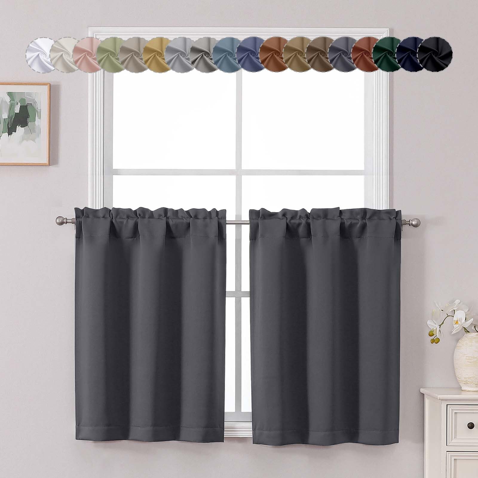 Chyhomenyc Charcoal Grey Short Blackout Curtains 30 Inch Length, Small Kitchen Curtain Tier Rod Pocket Half Window Curtains for Bathroom Basement
