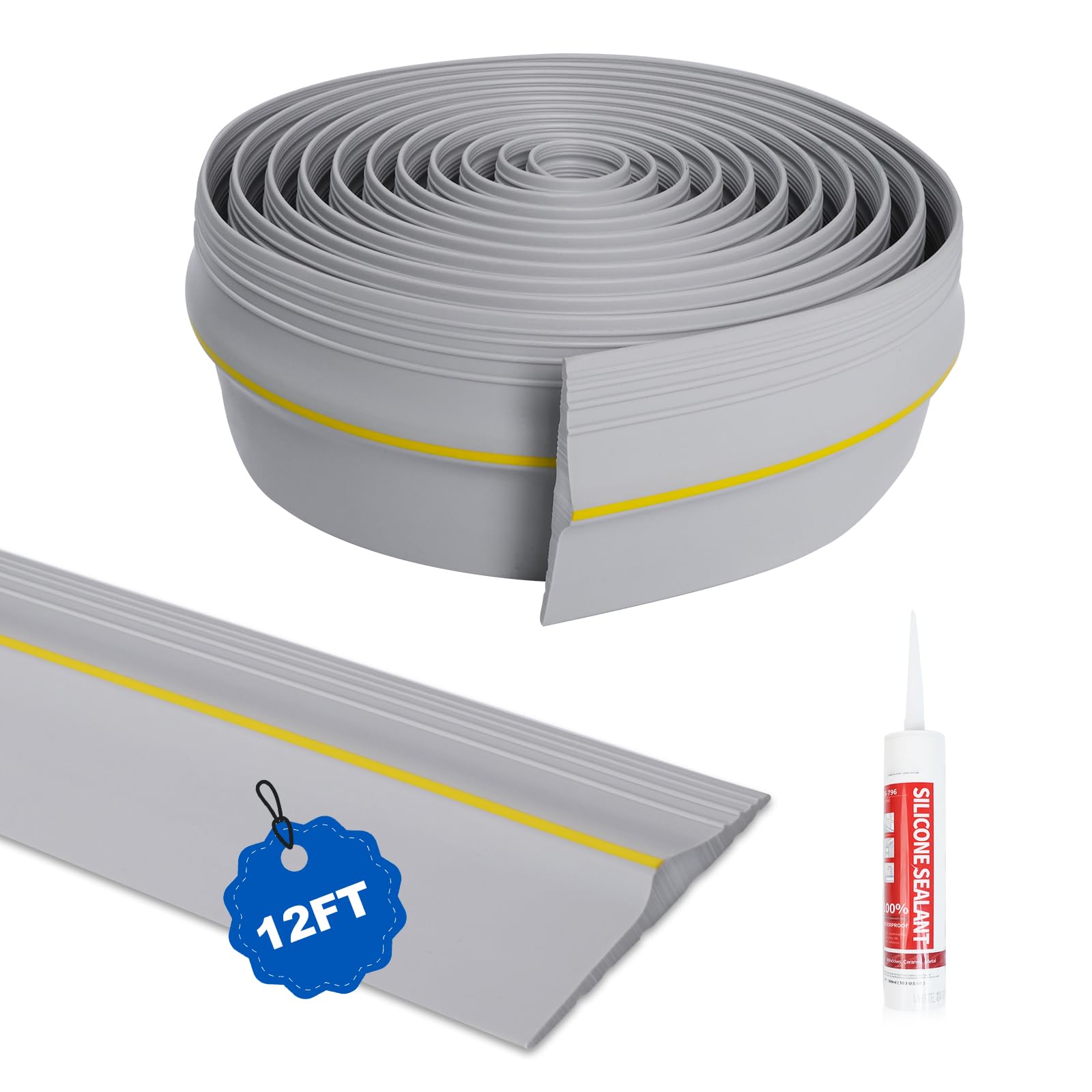 DGSL Universal Garage Threshold Seal Strip with Sealants/Adhesive, 12FT Waterproof Garage Door Bottom Rubber, DIY Garage Door Weather Stripping Replacement, Grey