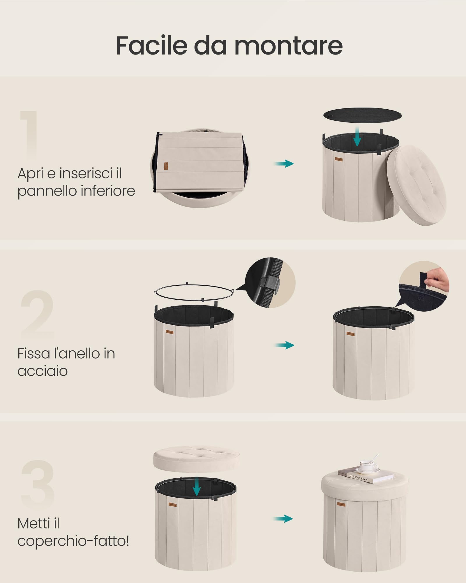 SONGMICS MAZIE Collezione - Pouf Contenitore Rotondo, Sgabello Poggiapiedi Pieghevole con Coperchio, Cassapanca, Montaggio Facile, Velluto per Camera, Soggiorno, Ingresso, Beige Cappuccino LSF608L01