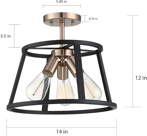 Miniatura 8 de Nuvo 606643 Chassis 3 Light Semi-Flush Mount Fixture, cobre cepillado latón acabado con marco negro mate