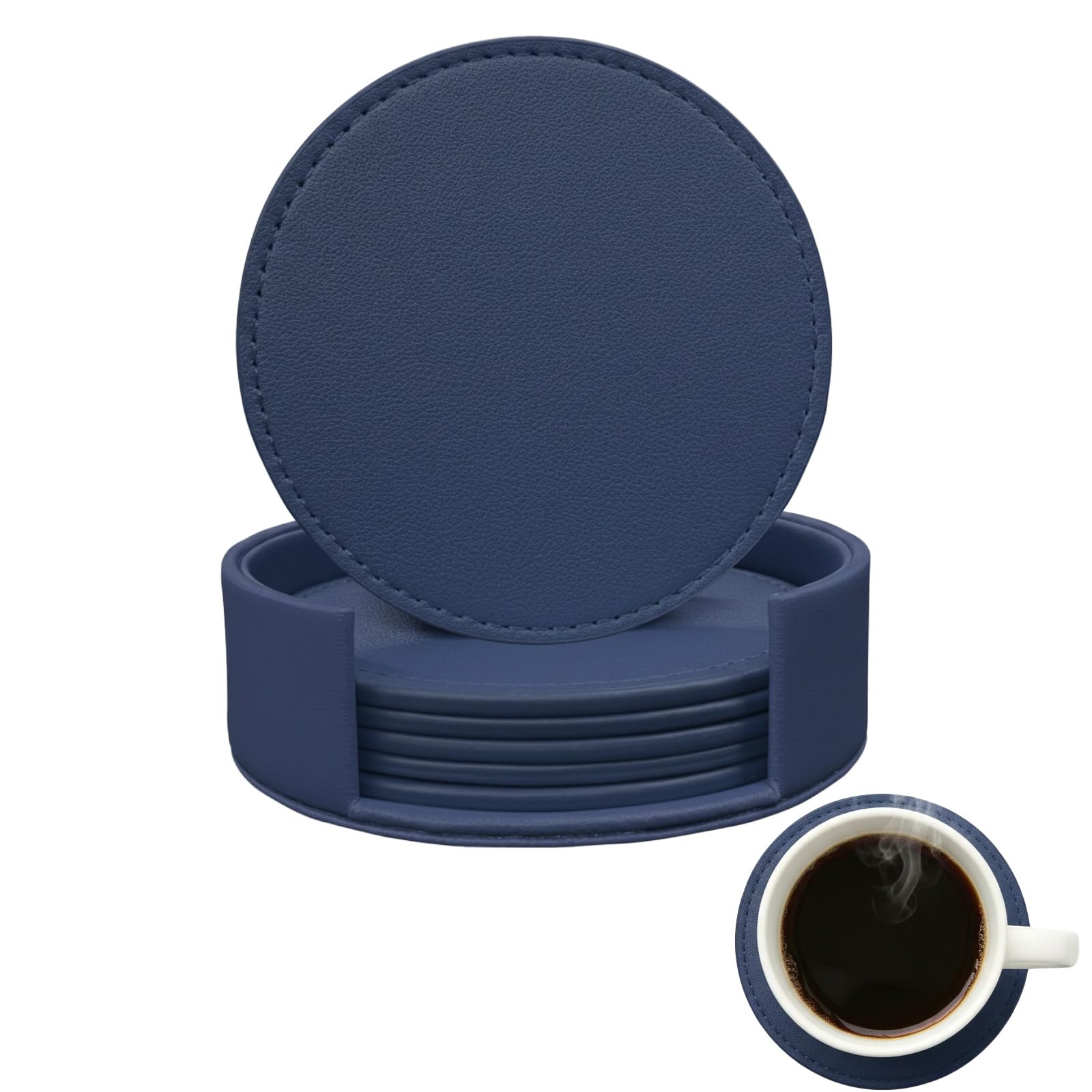 Coasters Set of 6 Soft Leather Drink Coaster Round Coaster with Sewing Around, Suitable for Various Cups, Wooden Tables, Home Decoration and Housewarming Gifts (Navy)