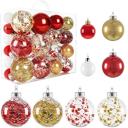 Weihnachtskugel-Ornamente-Set, 46 Stück, bruchsichere Weihnachtsbaumdekoration, rote und goldene Ornamente, Kunststoff, transparente Weihnachtskugeln mit Haken für Urlaub, Hochzeit, Party Cover