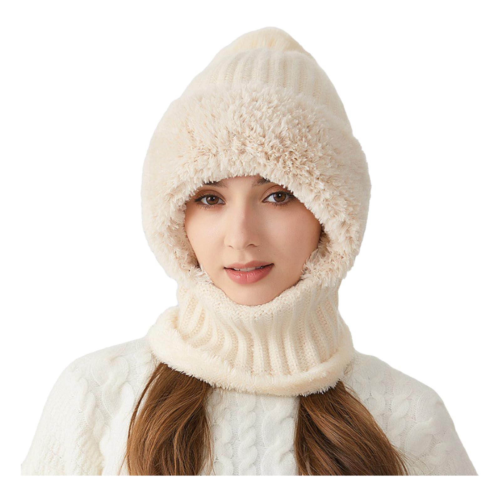 Zaktualizowana wersja Zestaw szalików z dzianiny damskiej, maska narciarska, czapka z polaru dwuwarstwowego z czapkami Bobble Pom Pom,Beige