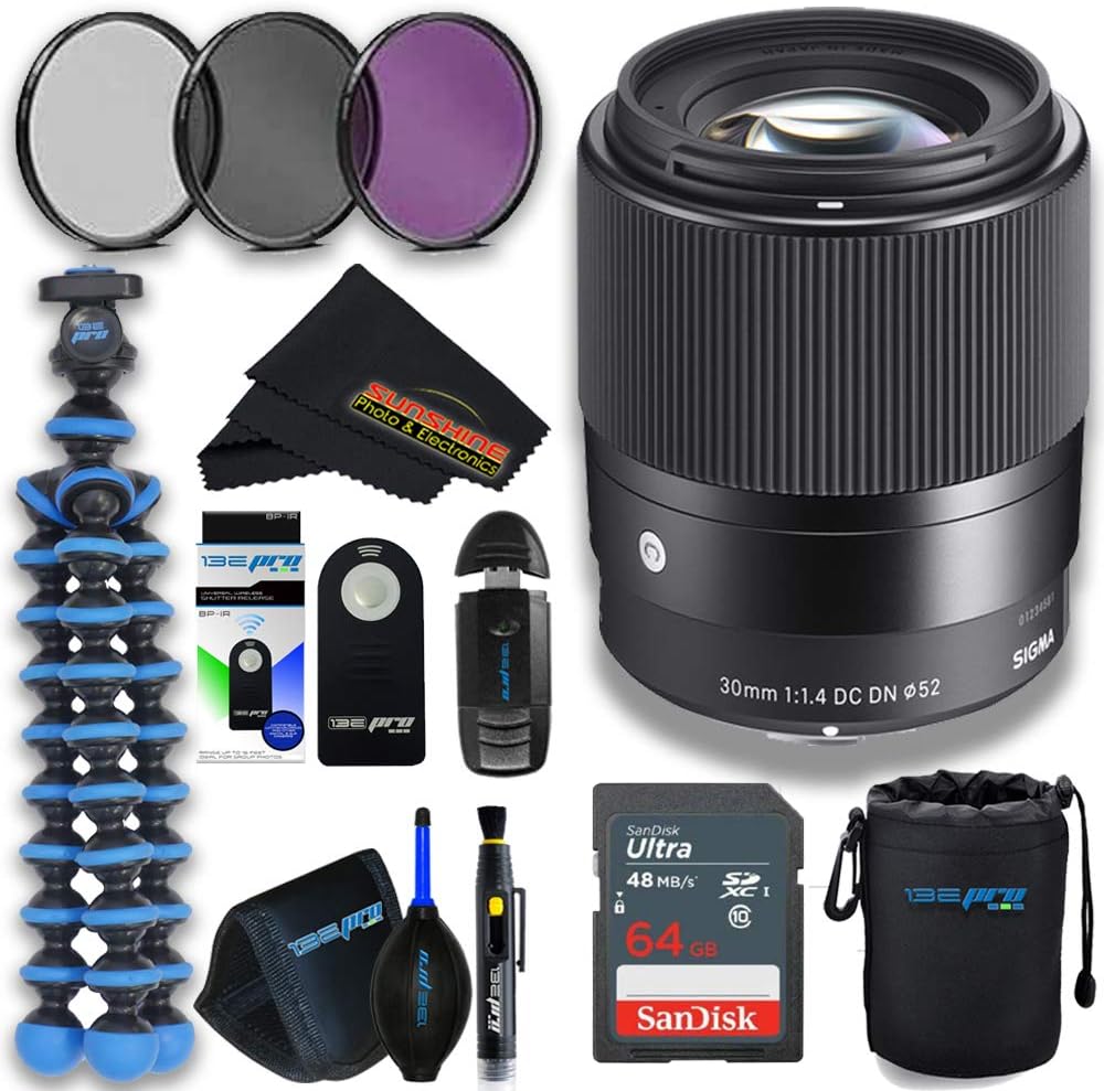Sigma 30mm f1.4 Contemporary DC DN Lens for Sony E with Sunshine Photo Professional Bundle