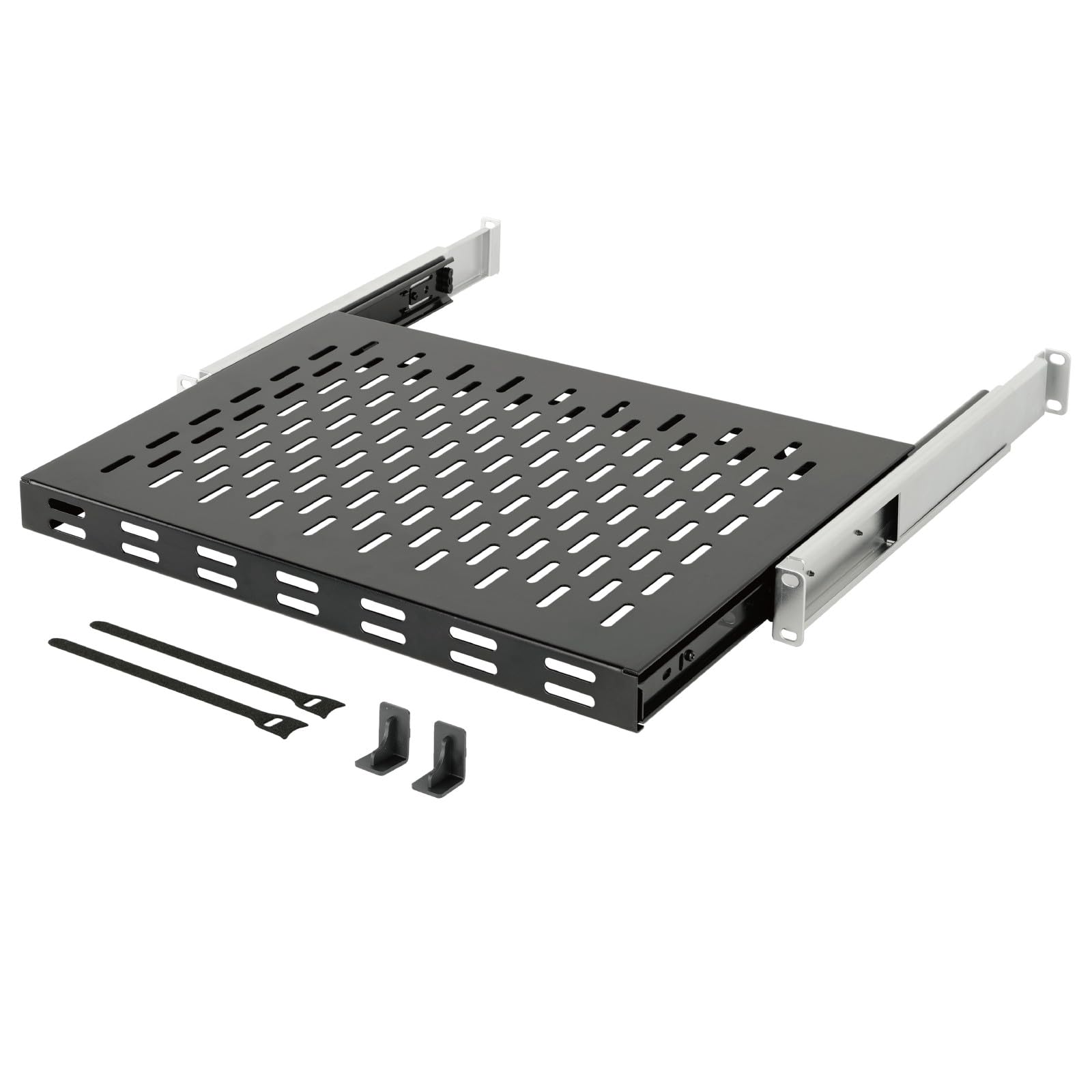 Tecmojo 1HE Schieberegal, 19 Zoll 350mm mit ausziehbarem Fachboden, Zum Festeinbau, Variabele Tiefe 350–500mm, mit Antirutschstopper, Traglast 50 kg für 19-Zoll-AV-/Netzwerkschränke