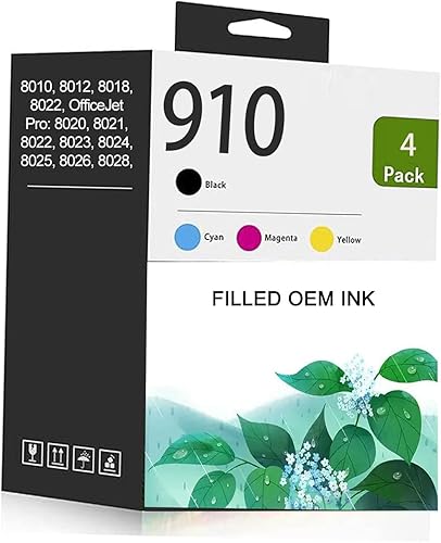 Cartuchos de tinta 910XL para impresoras HP OfficeJet Pro 8020e 8024e 8025e 8028e 8034e 8035e 3JB41AN paquete de 4 (910XLBK 910CMY)