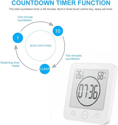 Miniatura 9 de AOZBZ Shower Wall Clock, Digital Kitchen Timer with Alarm, Waterproof Touch Screen Timer, Temperature Humidity Display with Suction Cup Hanging Hole