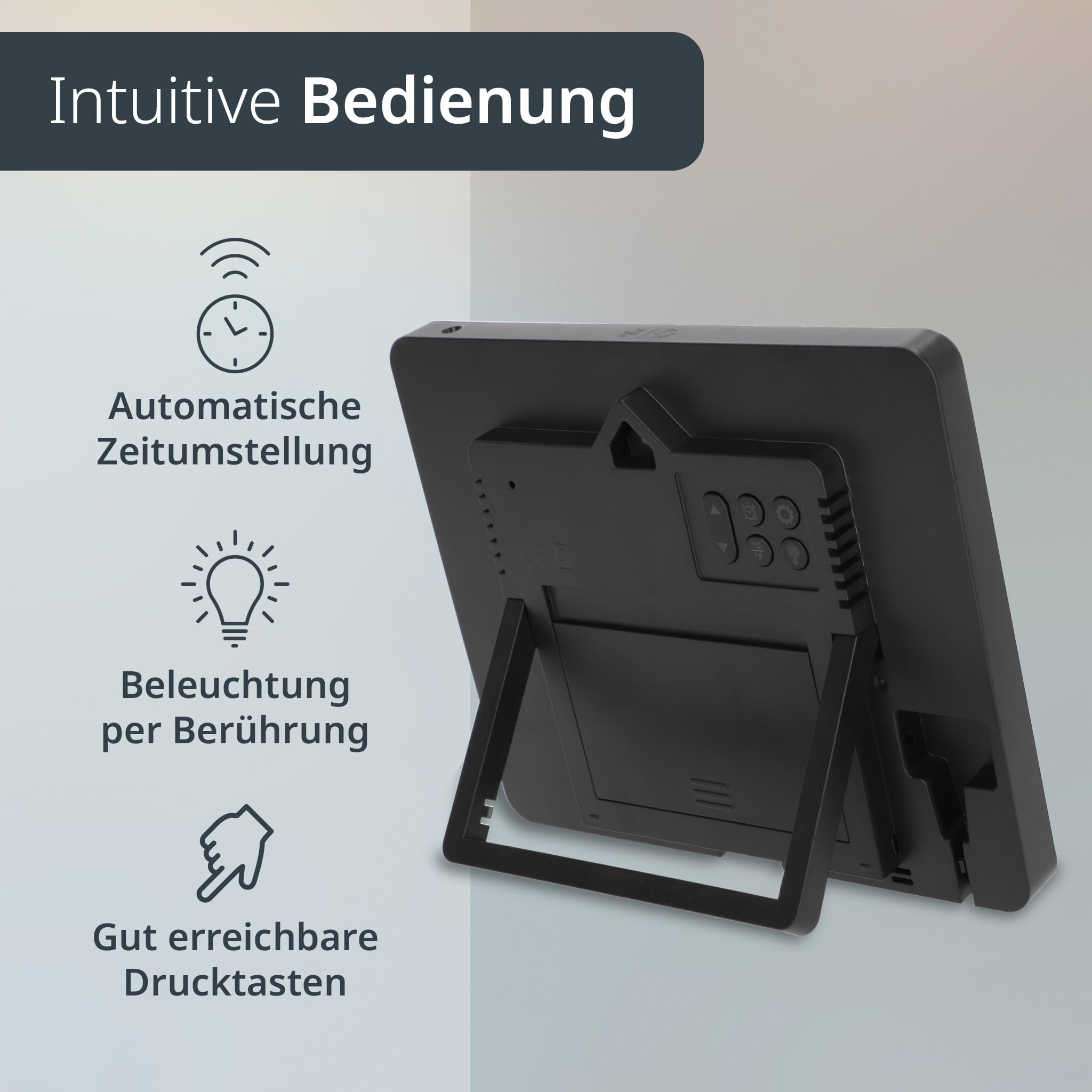ADE Digitale XL-Funkuhr mit sehr großen Ziffern | Tischuhr Wanduhr mit 2 Weckzeiten und Beleuchtung | Thermometer Hygrometer | schmaler Rahmen in matt schwarz