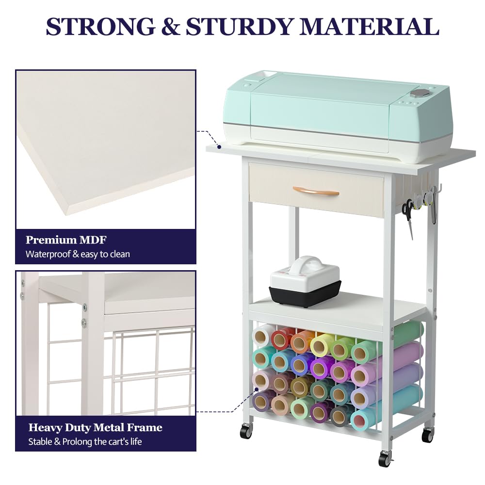 Organizzatori e contenitori compatibili con macchine Cricut, carrello portaoggetti con cassetto, tavolo artigianale con supporti per rotoli in vinile, postazione di lavoro con ruote, bianco