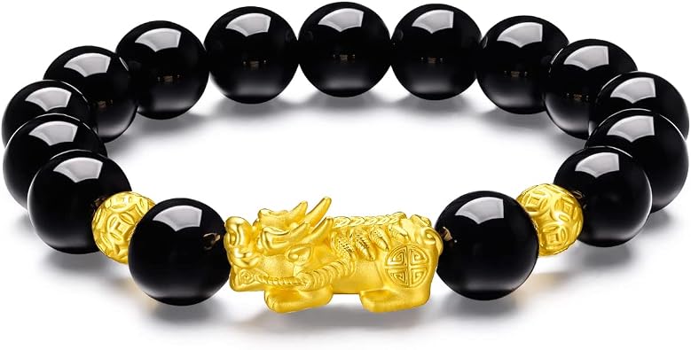 ZHOU LIU FU 24K Solid Gold Bracelet Real Pure Gold Pixiu Charm Bracelets Feng Shui Agate Beaded Bracelet Dainty Jewelry for Men Husband Father Birthday Anniversary