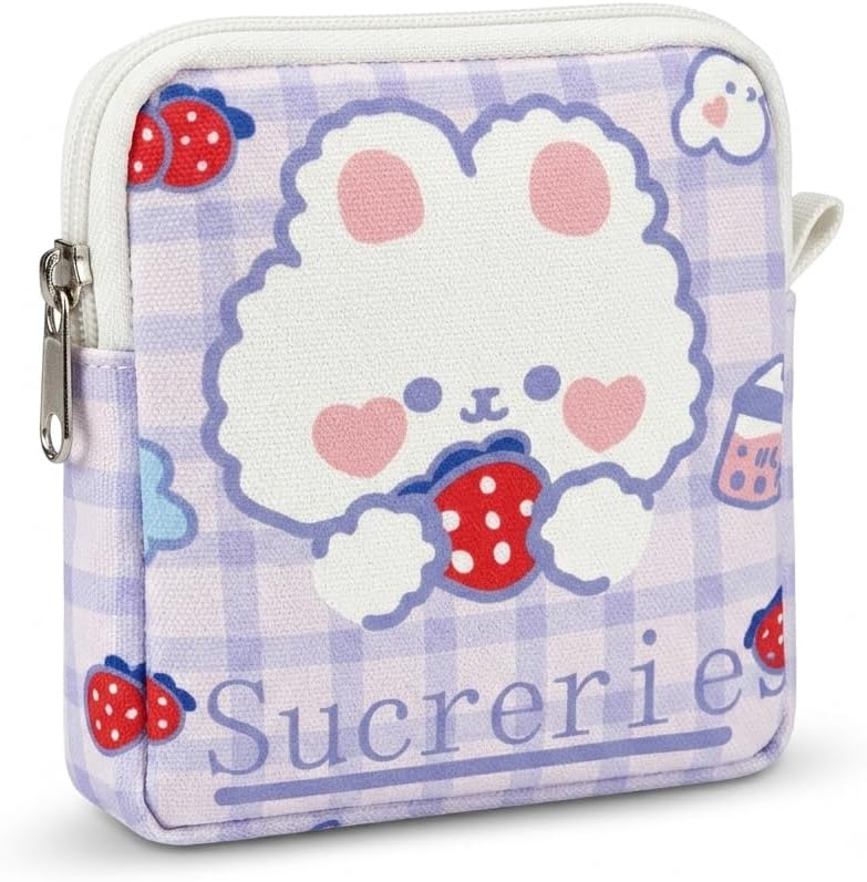 Cartoon Period Bag for Teen Girls, Cute Sanitary Pad Pouch with Zipper/Menstrual Pouch for Pads, Panty Liners | Lipstick Portable Small Coin Bag | Perfect for Travel & Daily Use(BluRabbit2.0)