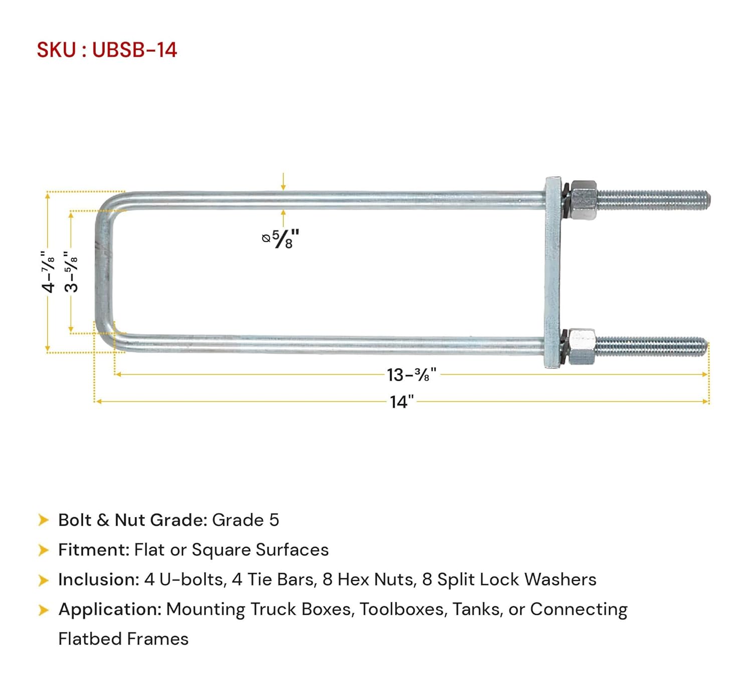 Mytee Products 14" Square Bend U-Bolt Kit with Tie Bars, Hex Nuts & Lock Washers – Grade 5 Carbon Steel Bolt and Nut for Mounting Truck Toolboxes, Frames & Heavy-Duty Equipment
