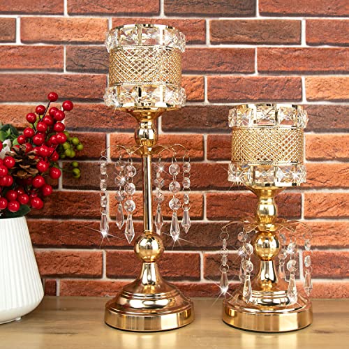 2Pcs Crystal Gold Candle Holders,Table Center Pieces Set Tealight Candles Holder Gold Candelabra Centerpieces For Dining Room, Wedding, Party, Living Room 10.4"+14.5" Tall Centerpieces #TOP6