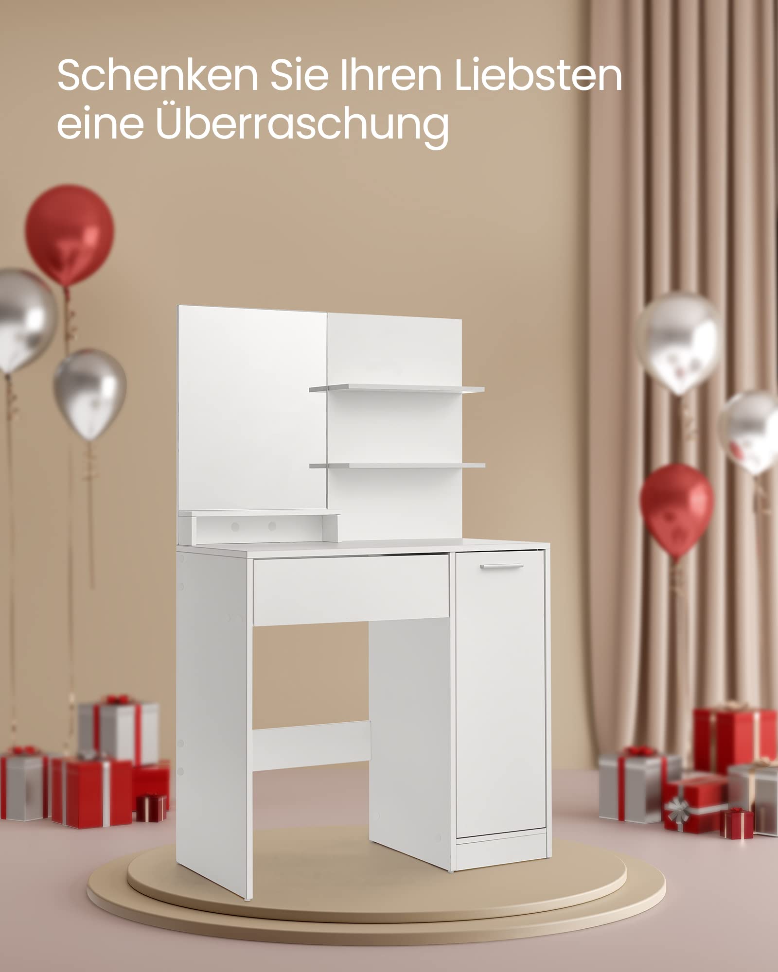 VASAGLE Schminktisch, mit Spiegel, 1 Schublade, 2 Ablagen | Frisiertisch, Aufbewahrungsfach, 2 verstellbare Ablagen hinter der Tür, Wolkenweiss, CUSTOS Kollektion RDT119W01