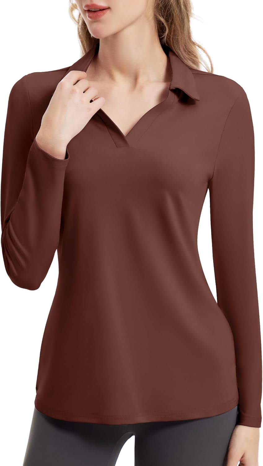 FKEEP Women's Tennis Golf Shirt Long Sleeved Top Sport Activewear V-Neck Workout Athletic X-Large 16 Cinnamon
