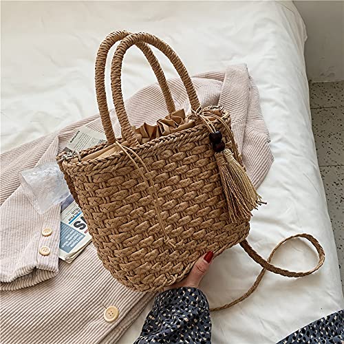 Borsa In Paglia CHIC DIARY Piccola A Tracolla – Estiva, Con Cerniera E Nappa, Marrone, 21,5x18 Cm, Ideale Per Spiaggia E Shopping