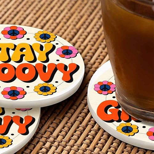 Miniatura 6 de Stay Groovy - Juego de 2 posavasos para bebidas, mesa de centro de oficina, de los años setenta, diseño retro de flores hippie en círculo, Mantente