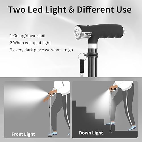 Miniatura 5 de BeneCane Bastón plegable para mujer, bastón plegable para hombres con dos luces LED, bastón cuádruple con base estable, ligero y ajustable (negro y