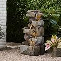 34”H Garden Water Fountain, Floor Standing 4-Tiers Rock Natural Waterfall Outdoor Fountains with LED Lights, Weather Resistant Resin for Patio, Porch, Home Art Decor