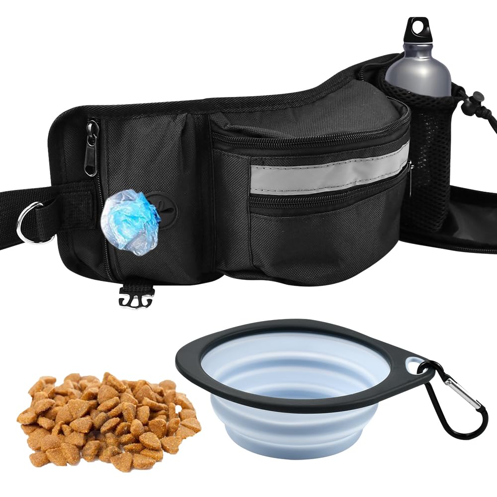Porta Premietti per Cani 4 in 1 Borsa Addestramento Cane Regolabile Sacchetto di Addestramento per Cane con Ciotola Pieghevole per Animali Domestici per Cibo Cani, Bottiglie d'Acqua(Nero)