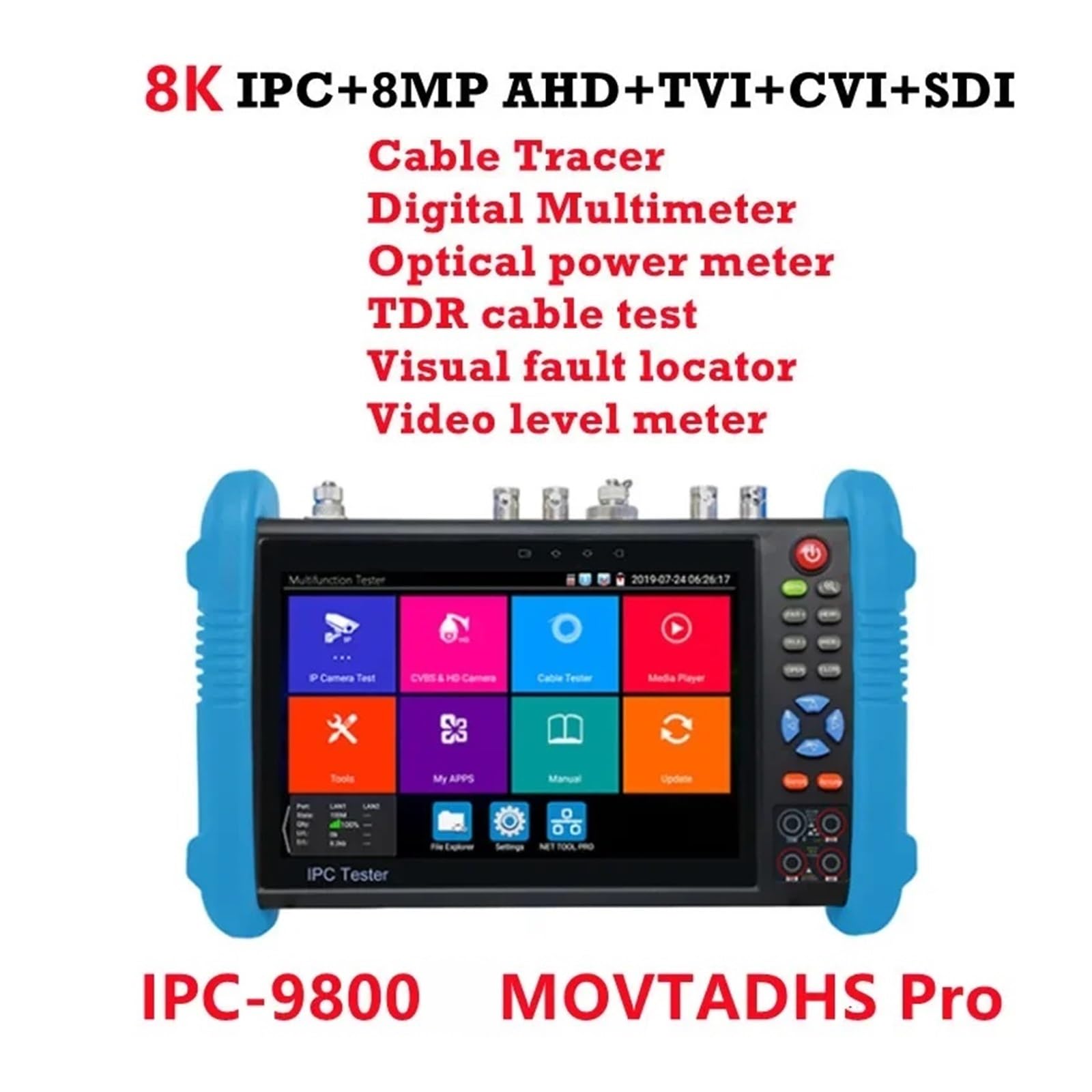 Tester CCTV, Tester Kamery IP CCTV Monitor 8K IPC 8MP AHD TVI SDI CVI Tester Z Kablem VGA PoE RJ45 TDR Test UTP Cable Tracer(IPC-9800MOVTADHS)