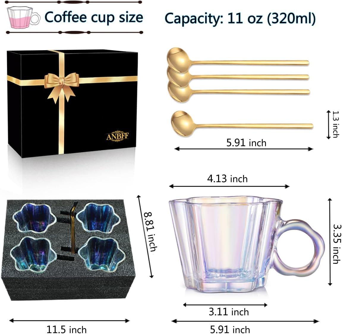 Vintage Iridescent Glass Coffee Mugs Set of 4, 11oz Creative Flower Glass Coffee Cups with Spoons - Cute Floral Tea Cups with Handle, Art Glassware, Unique Gifts for Women