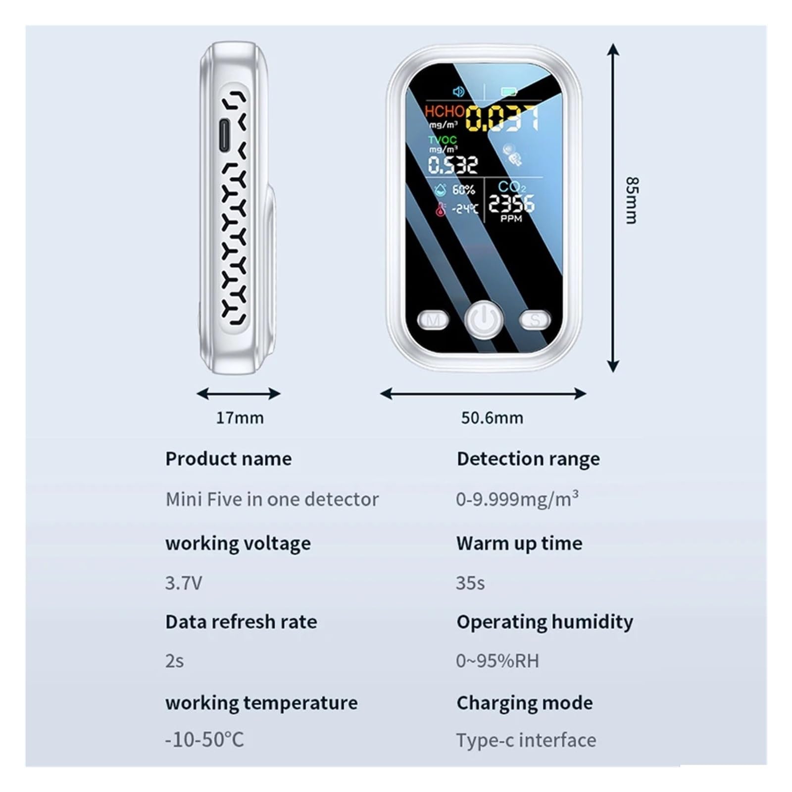 Misuratore Di CO2 Multifunzionale 5 In 1 Tester Digitale Umidità Temperatura Sensore TVOC HCHO Rilevatore Monitor Della Qualità Aria Rilevamento Rapido Preciso(White)