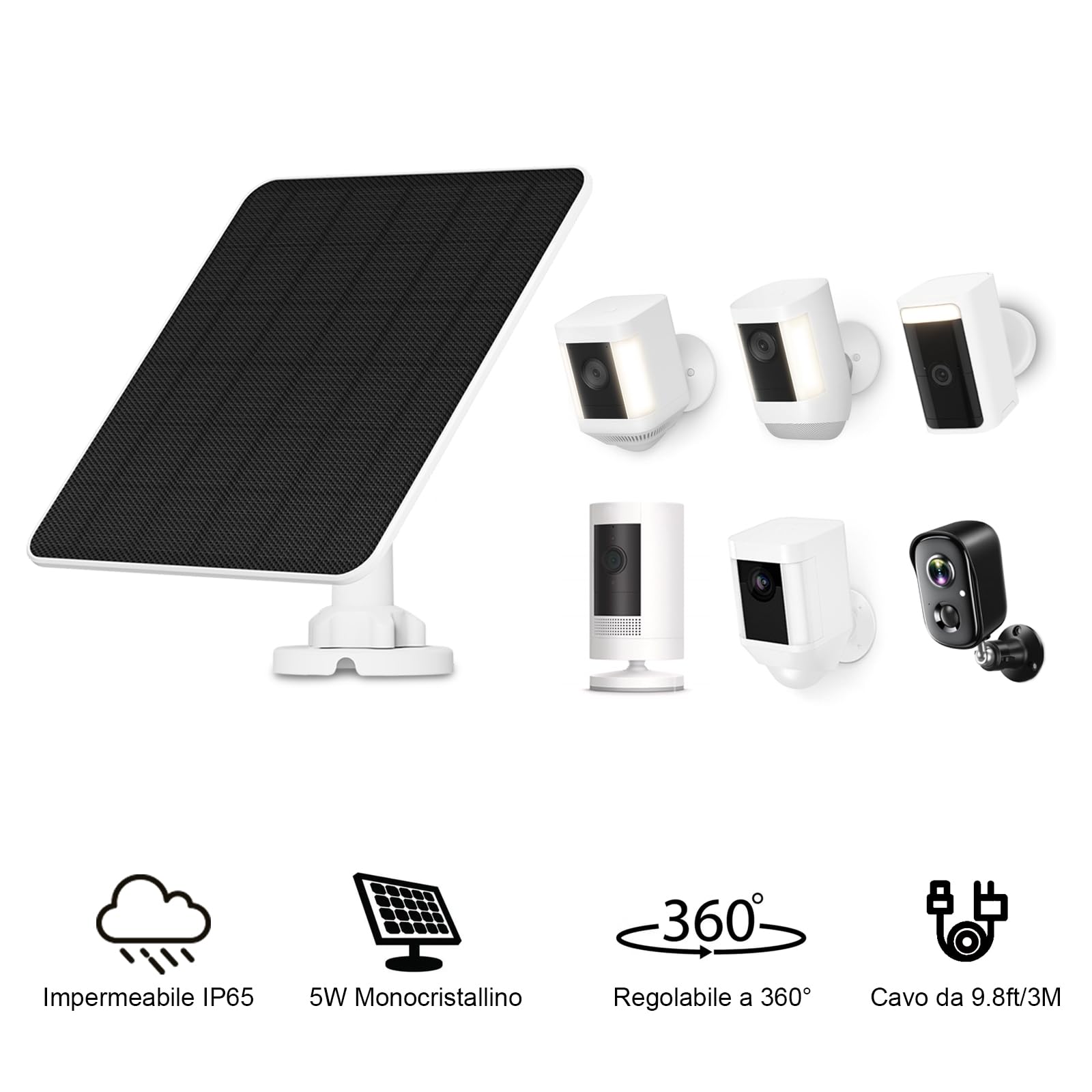 Pannello Solare per Telecamera Ring, 5W Solare per Stick Up Cam/Pro Batteria, Spotlight Cam/Plus/Pro, Wyze Batteria Cam Pro, Caricatore Solare per Telecamera Esterna con Cavo da 9,8 Piedi