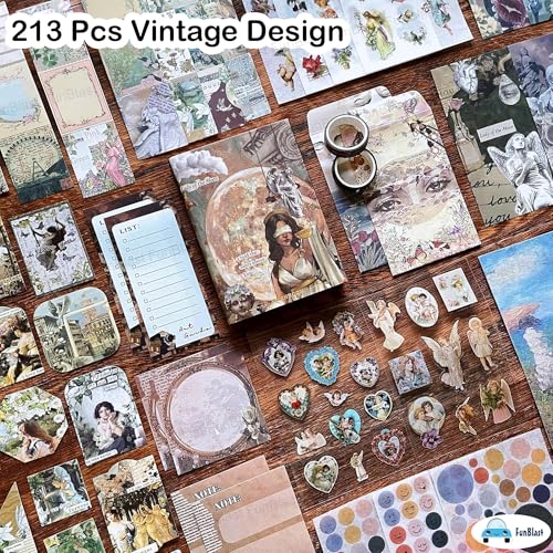 Image of FunBlast Aesthetic Scrapbooking Kit - 213 Pcs Vintage Junk Journal Supplies with Scrapbook Paper, Washi Stickers, A6 Grid Notebook, DIY Craft Journaling Gift for Teen, Girl, Adult (Dark Brown)