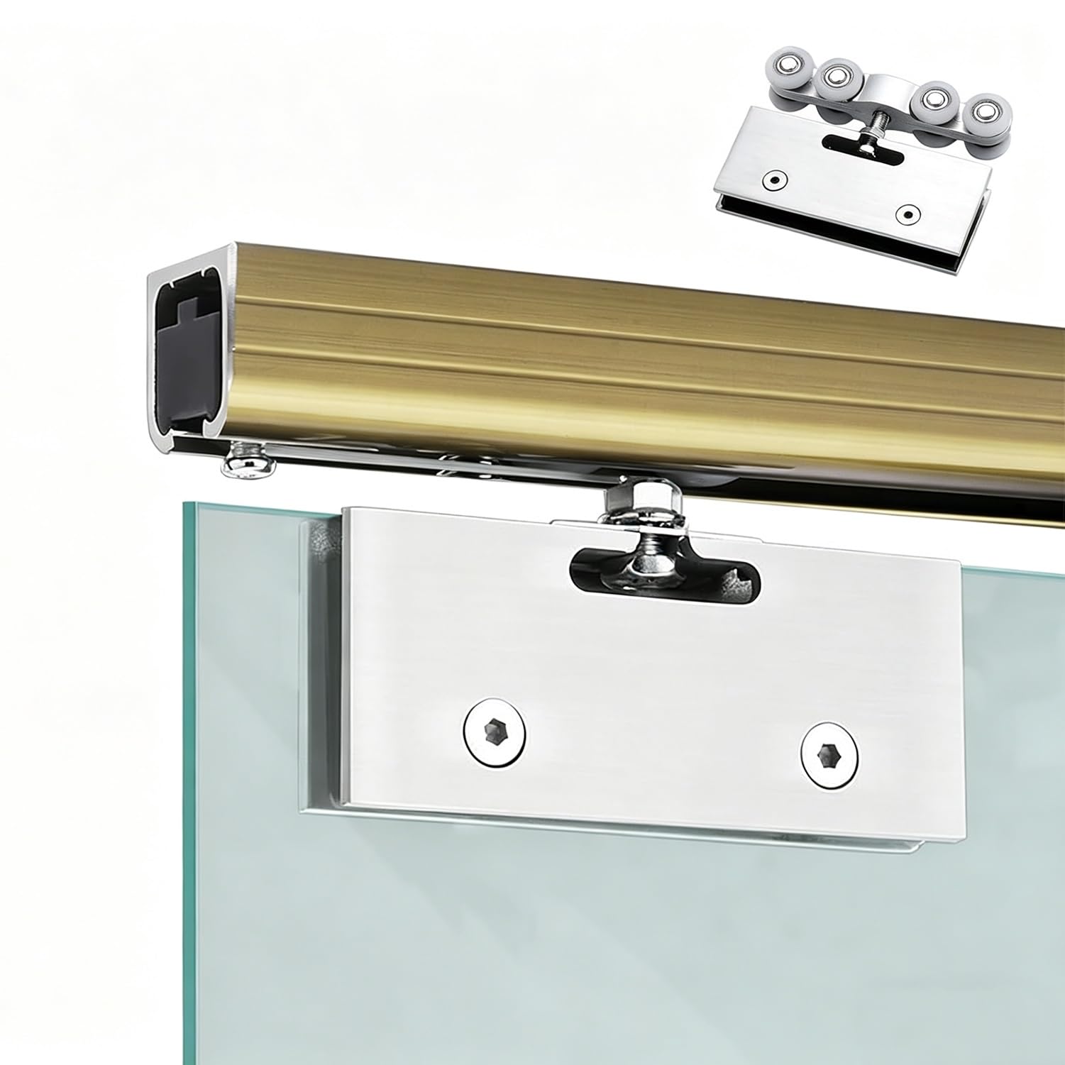 PALSINBY Sliding Glass Door Track Kit, Single Track Frameless Sliding Barn Door Kit Glass Clamps For 10-12mm 0.7-4m(Champagne,1.5m/4.9ft)