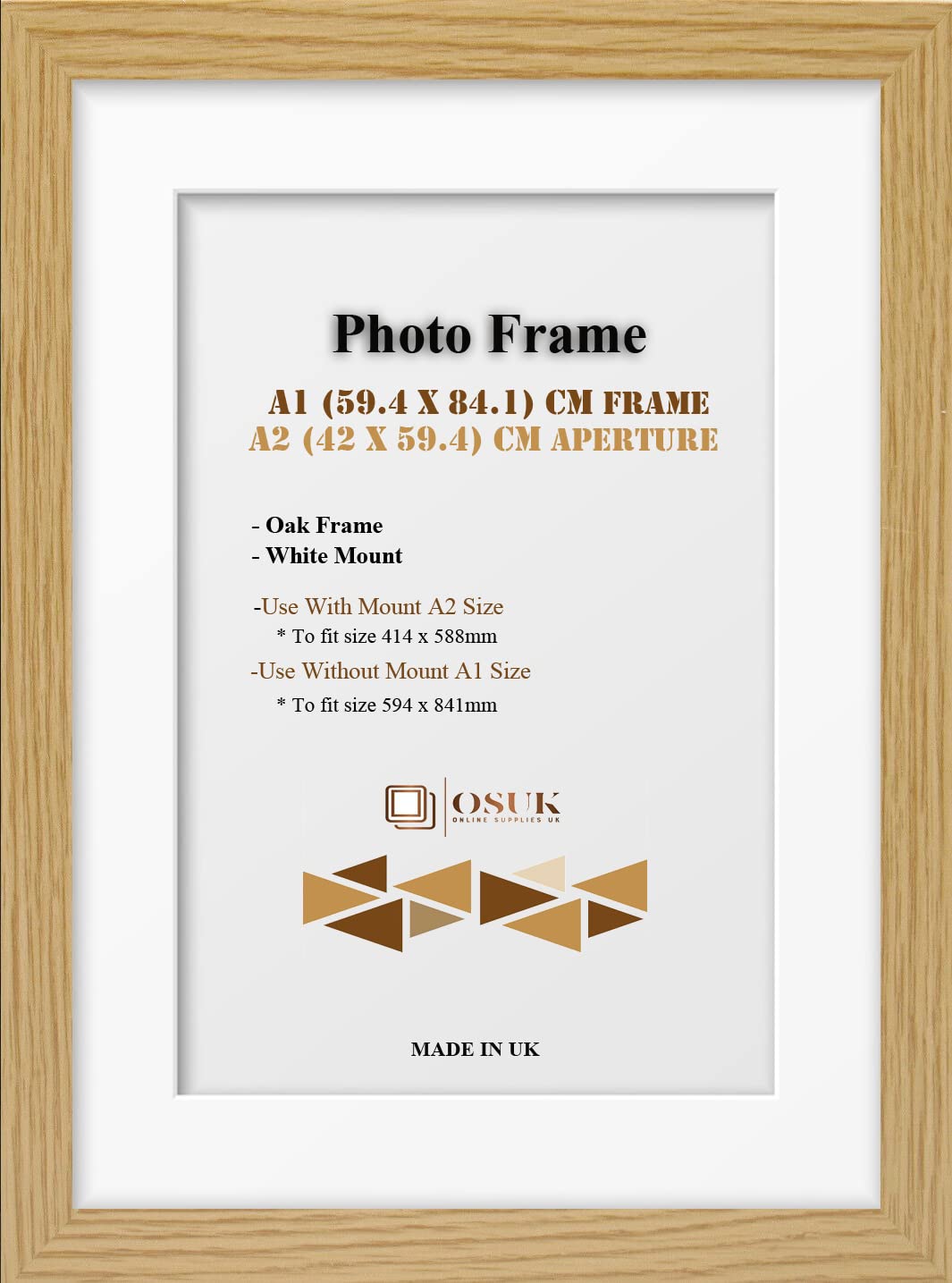 OSUK Oak A1 Frame With A2 Mount - Modern Photo Frame With White Mount - Clear Perspex Front & Wall Mounting Poster Frame - Oak A1 Picture Frame With A2 White Mount