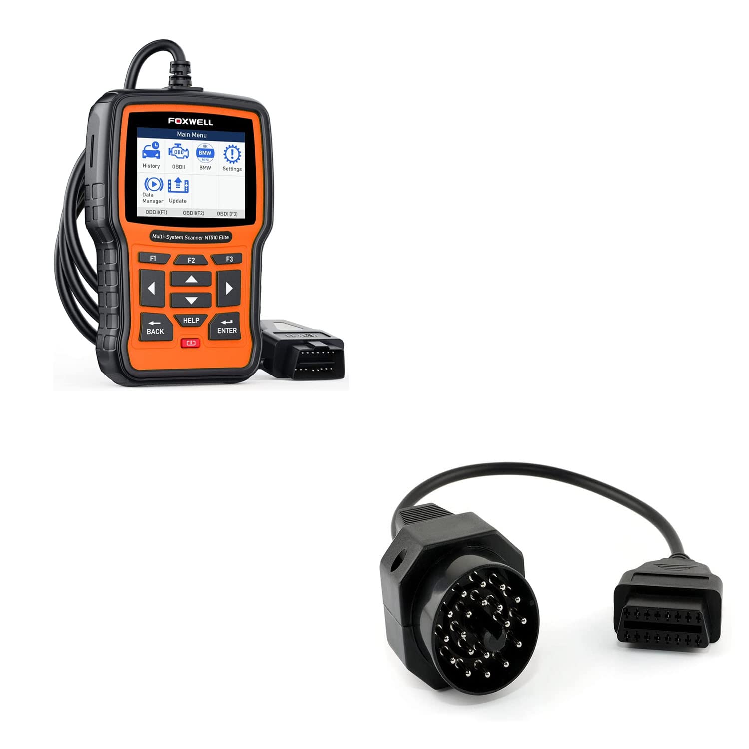 FOXWELL NT510 Elite fit for BMW Scanner Full Diagnostic Tool + 20-pin to OBDII 16-pin Adapter fit for BMW BMW E36 E38 E39 E46 E53 X5 Z3