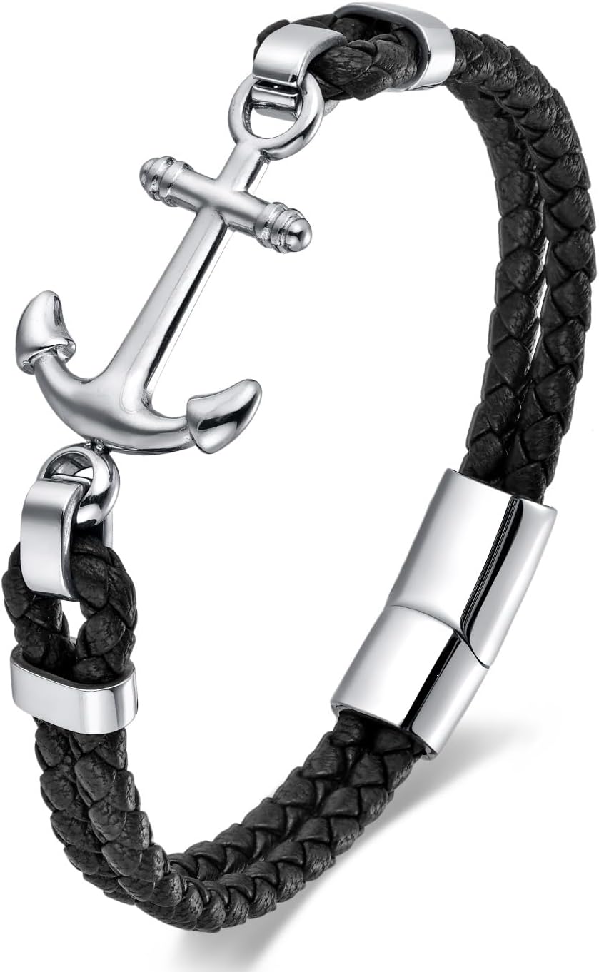 Mens Nautical Anchor Bracelet, Black Braided Leather with Silver Stainless Steel Anchor Sailor Bracelet for Men, Classic and Elegant Style