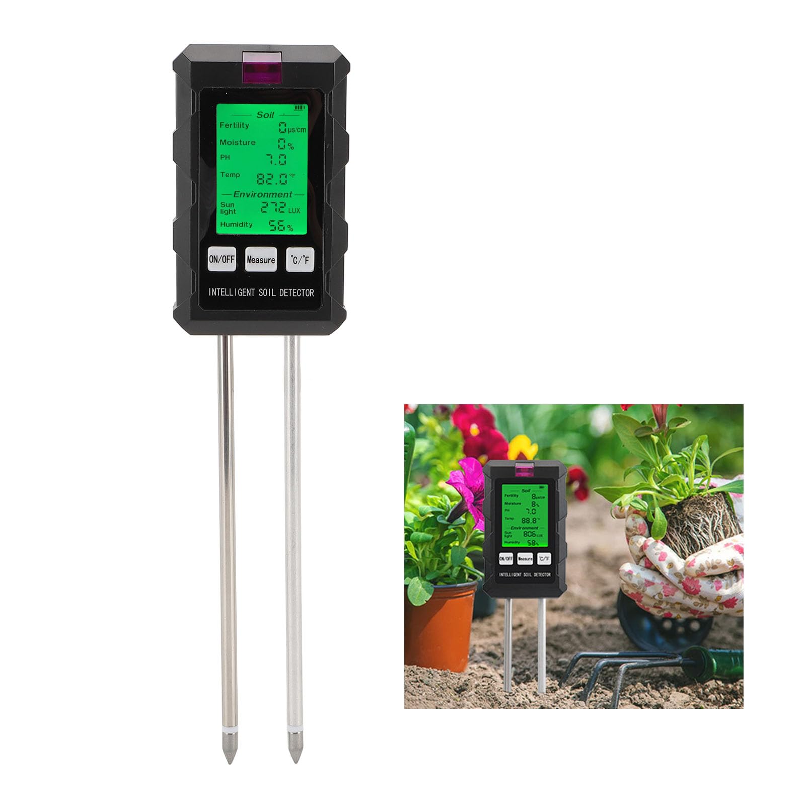 Sxhlseller Probador de Suelo 6 en 1, Probador Digital de PH del Suelo, Medidor de Humedad del Suelo, Humedad del Suelo, Temperatura de Fertilidad, Medidor Ambiental de Luz Solar con
