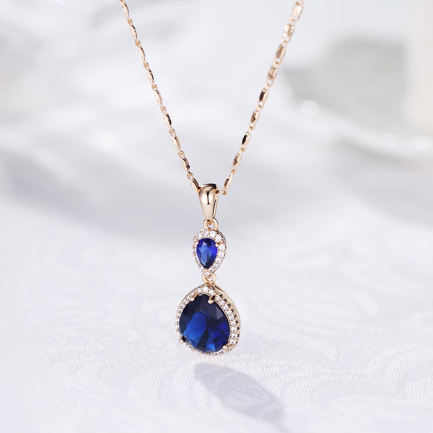 Water Drop Pendant Necklace for Women, 18K Gold Plated Brass with Sapphire Blue Cubic Zirconia Gemstones Double WaterDrop Pendant - Image 3