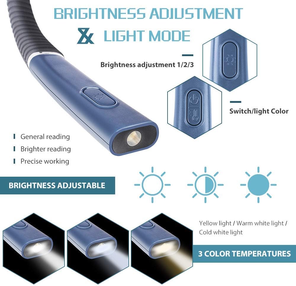 Neck Reading Light Rechargeable, Reading Lights for Books in Bed USB Reading Light for Bed Travel 3 Colors and 3 Brightness Adjustable Bendable Arms, Rechargeable, Long Lasting - - 