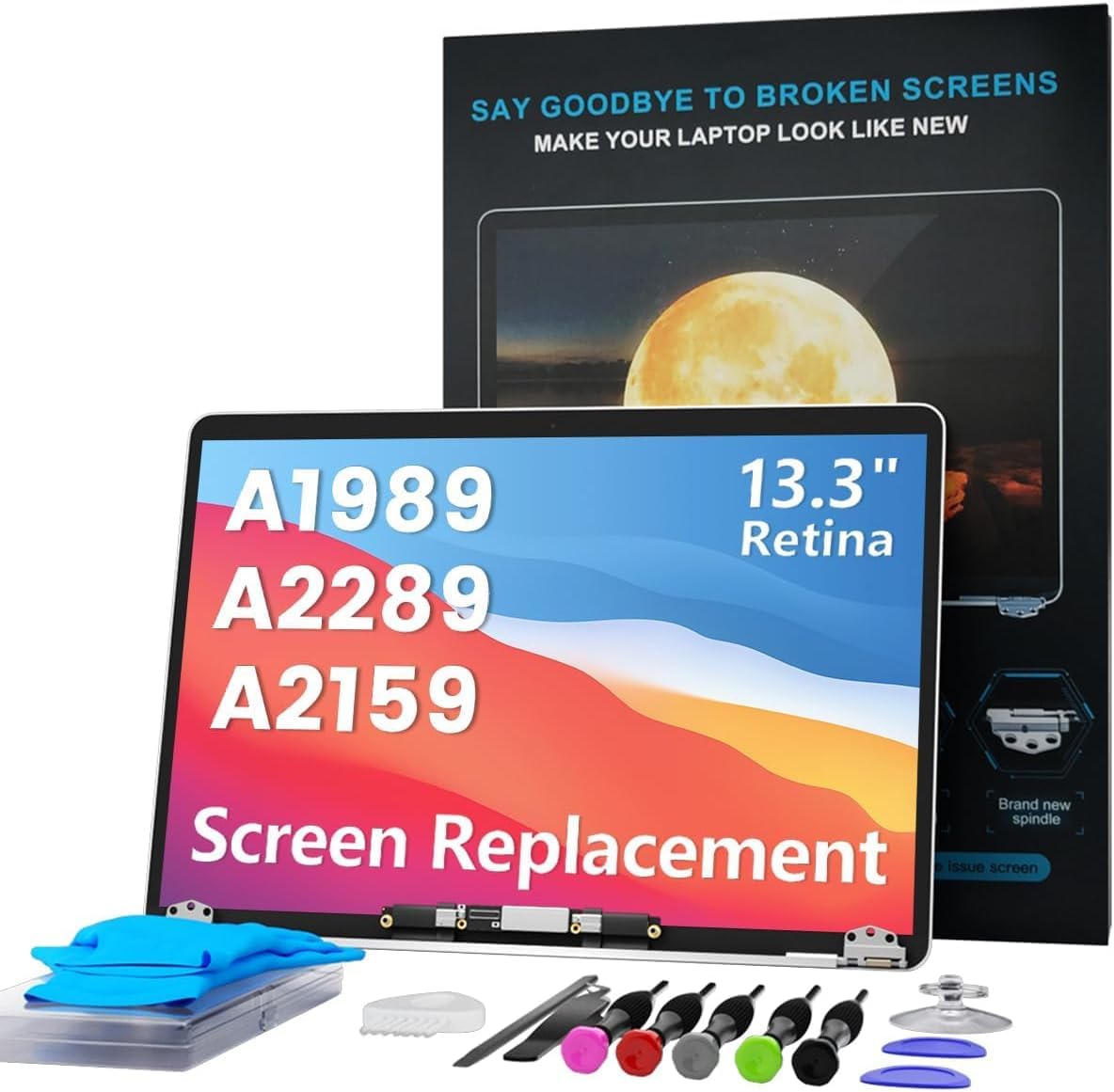 A1989 A2159 A2289 Écran de rechange pour MacBook Pro 13,3" 2018-2019-2020 Retina (EMC 3358 3214 3301 3456) 2560 x 1600 LCD avec kit de fixation (argent)