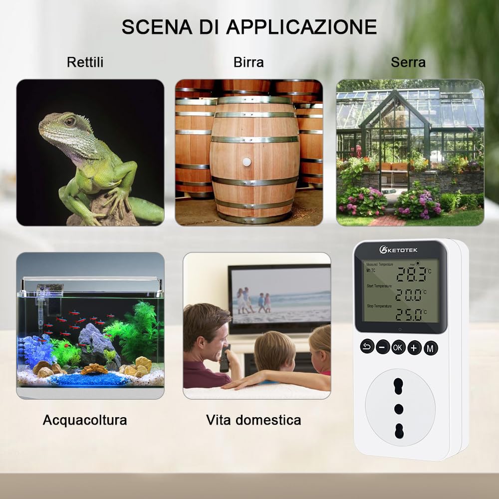 KETOTEK KT3200PRO Termostato eléctrico Toma de Corriente Controlador de Temperatura día-Noche Enchufe Ángulo de visión de 360 ​​° Calentador LCD Refrigeración Termostato de terrario para Reptiles