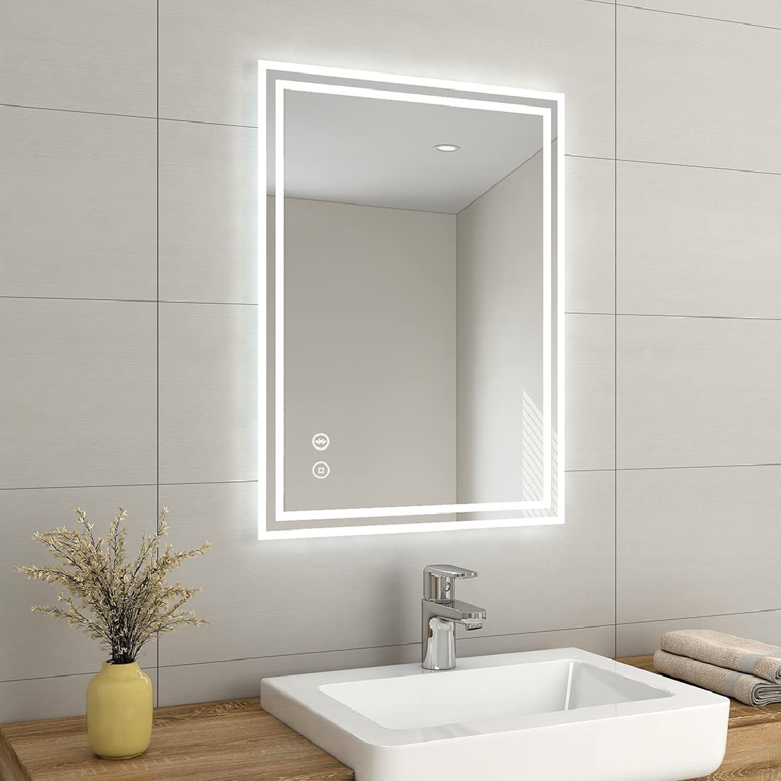 EMKE800 X 600 mm Backlit Illuminated Bluetooth Bathroom Mirror with Shaver Socket, Wall Mounted Multifunction Bathroom Vanity Mirror with LED Lights and Demister Pad, Energy-Saving LED Smart Mirrors