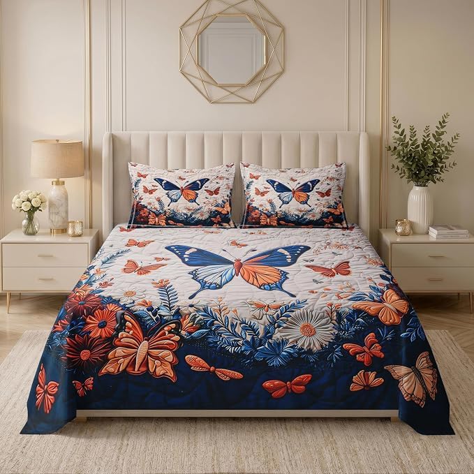 Shaggy Butterfly Floral Quilted Bedspread Set, Navy Blue & White | Bedding Set, 2 Pillow Shams, Quilted Texture, Botanical Print, Bedroom Decor-image-10