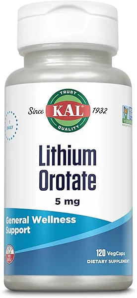 KAL Lithium Orotate 5 milligrams | Low Serving Of Chelated Lithium Orotate For Bioavailability and Mood Support | In Organic Rice Bran Extract Base | 120 VegCaps