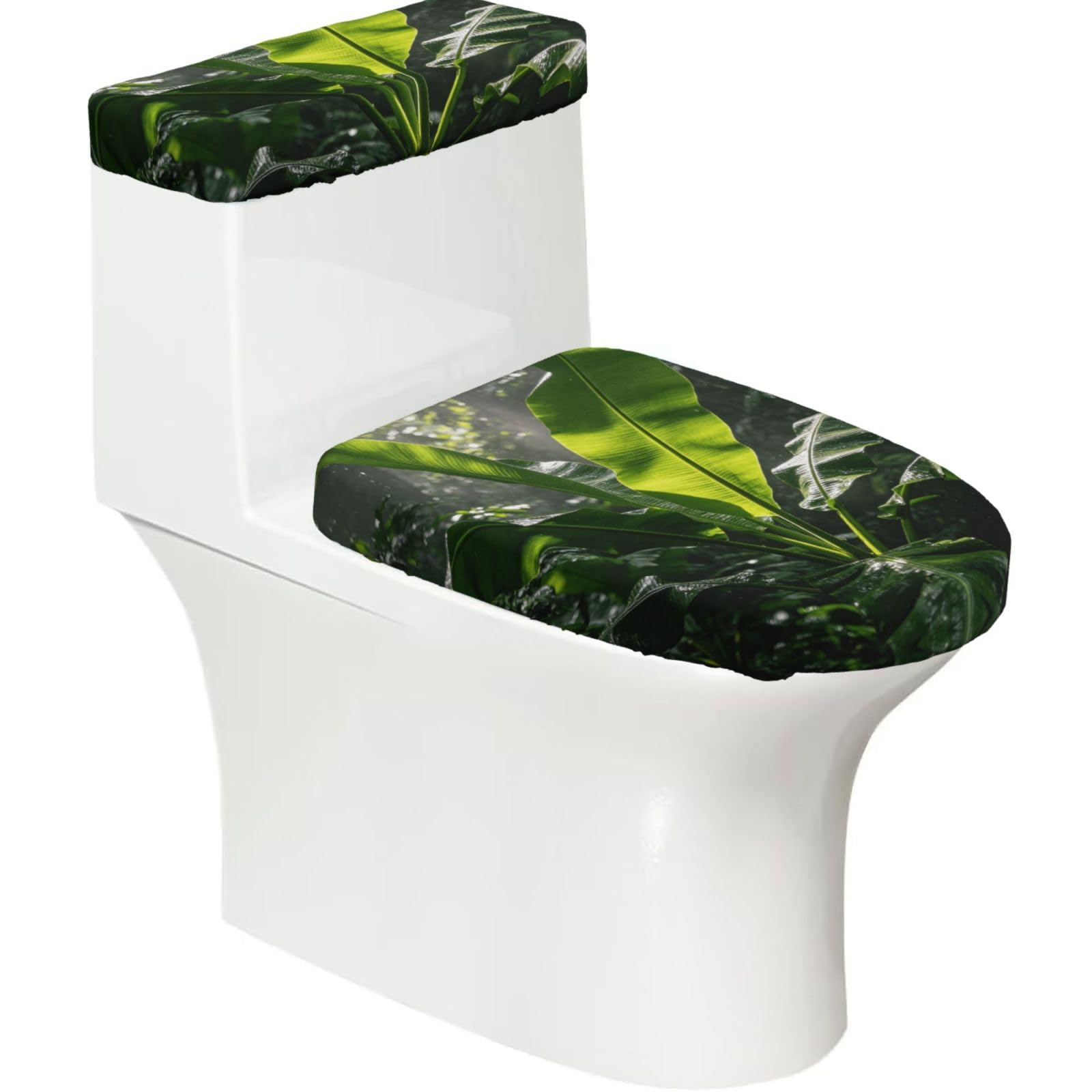 Cntdbu Black Green Banana Leaf Stretchy Toilet Lid And Tank Cover Set-Soft Elastic Bathroom Decor For U Shape Oval