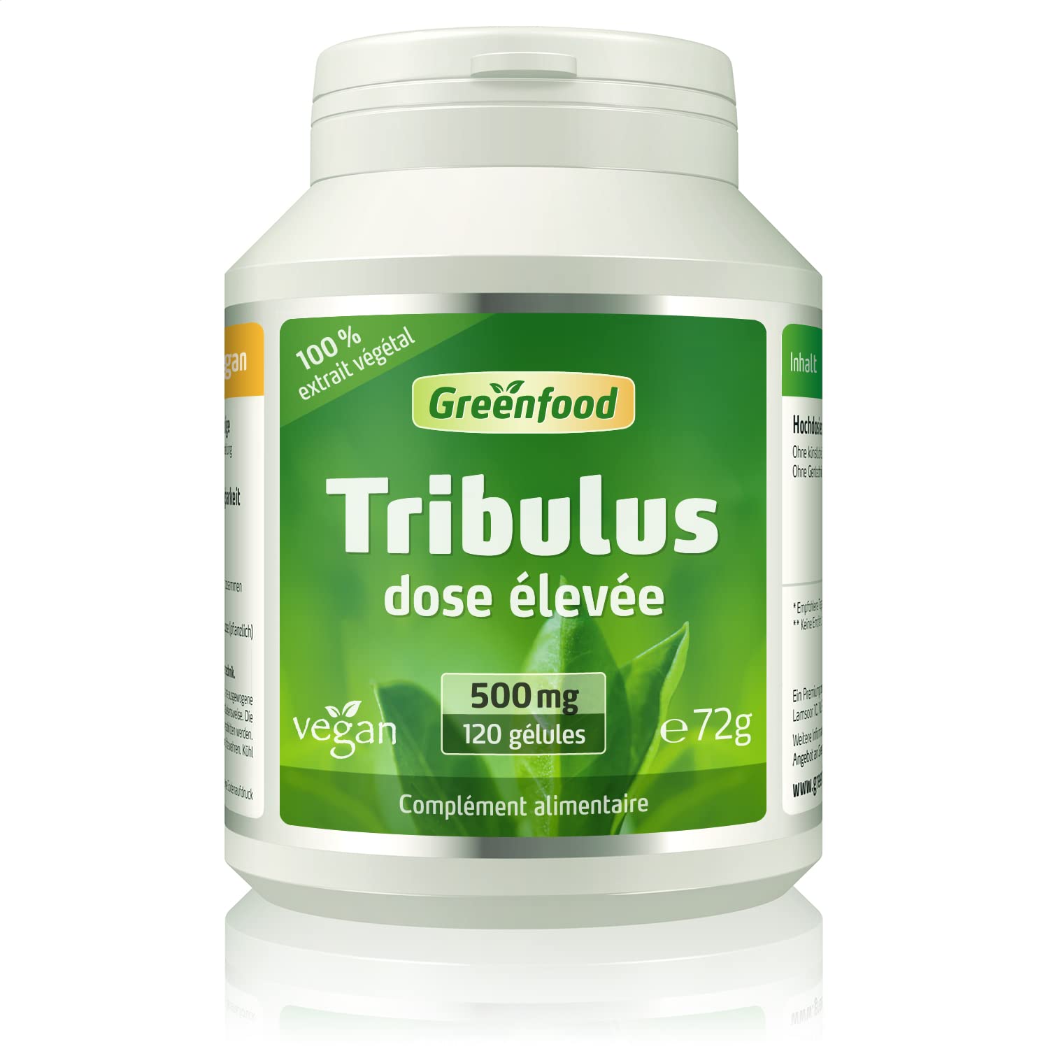 Greenfood Tribulus Terrestris, 500 mg, 120 gélules, dose élevée - Sans additifs. Sans génie génétique. Vegan.