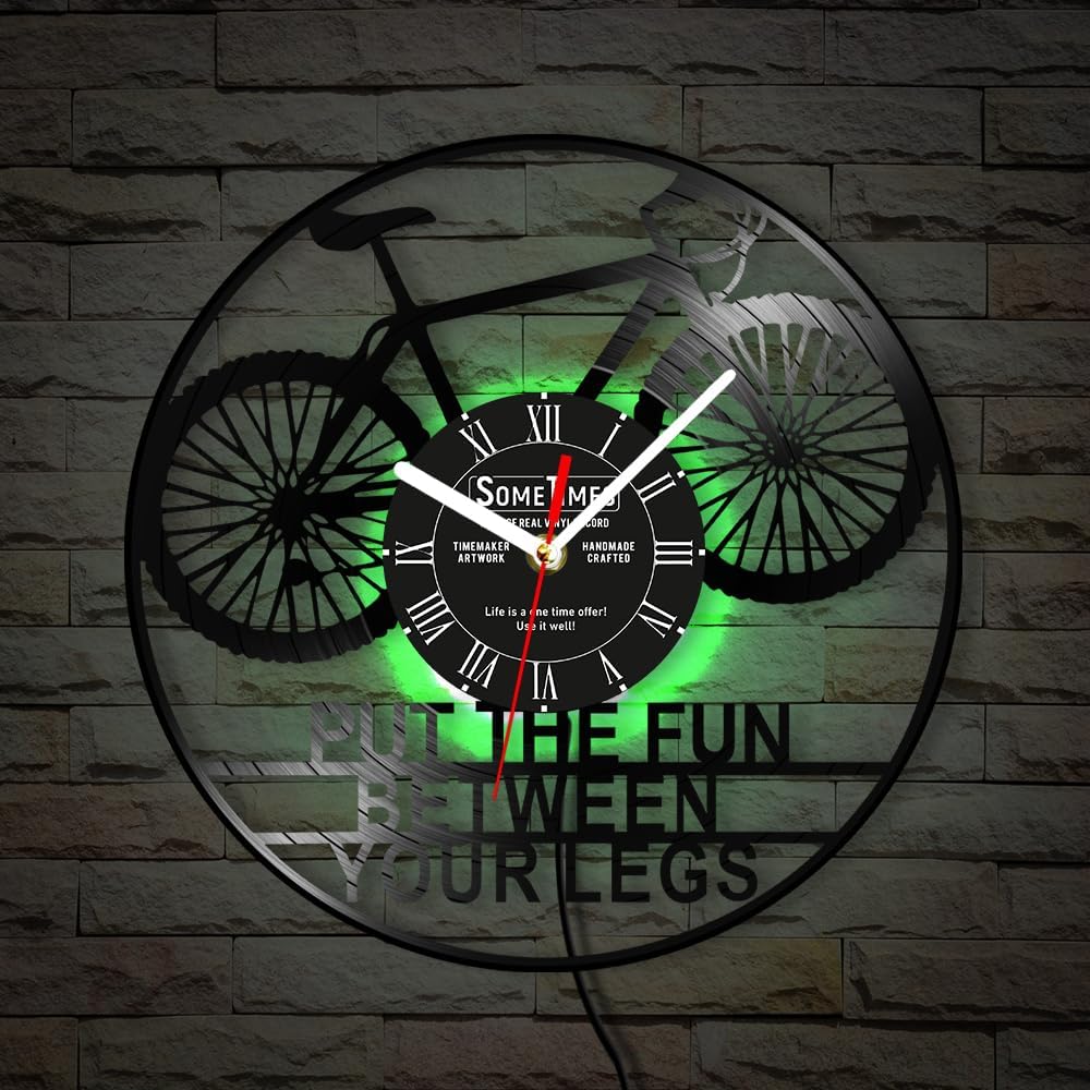 The Geeky Days Retro Mountain Bike Wall Clock Custom Text, 7 Kinds of LED Color Bicycle Cycling Vinyl Record Wall Clock Night Light Silent Personalized MTB Bicycle Wall Watch Clock for Biker Gift 12''