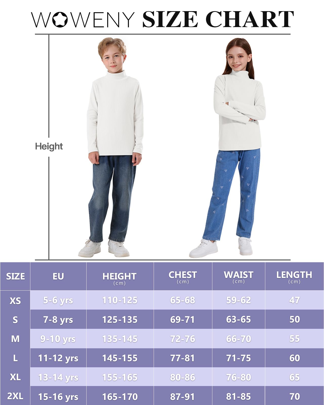 WOWENY Maglietta termica a collo alto, per bambini, in pile, calda, a coste, per l'inverno, 5-14 anni